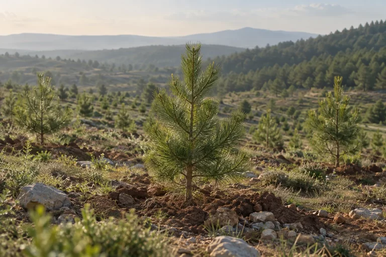 Ağaçlandırma alanındaki genç çam fidanlarını gösteren temsili görsel.