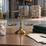Illustrative scene of a balance scale, shredded packaging sample and files representing legal review.