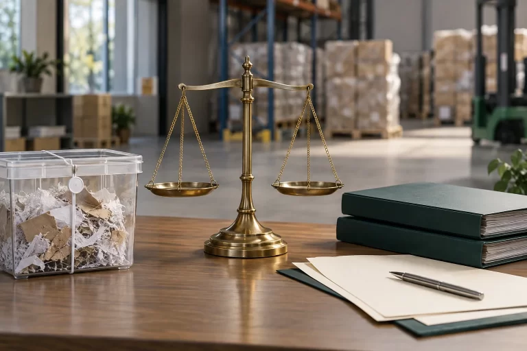 Illustrative scene of a balance scale, shredded packaging sample and files representing legal review.
