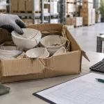 Illustrative scene of broken ceramic inventory being reviewed with a calculator and inspection form.