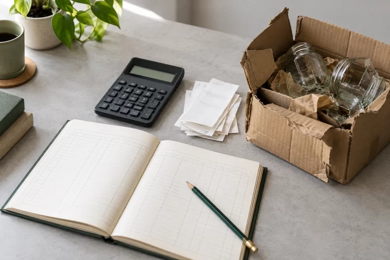Illustrative accounting scene with damaged glass inventory, a calculator, ledger and receipts.