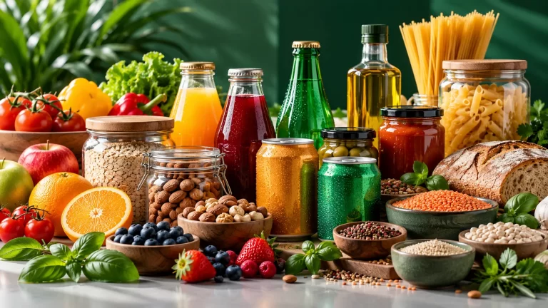 Food and beverage products including fruit and vegetables, drink bottles and cans, jarred food, pasta, pulses and bread