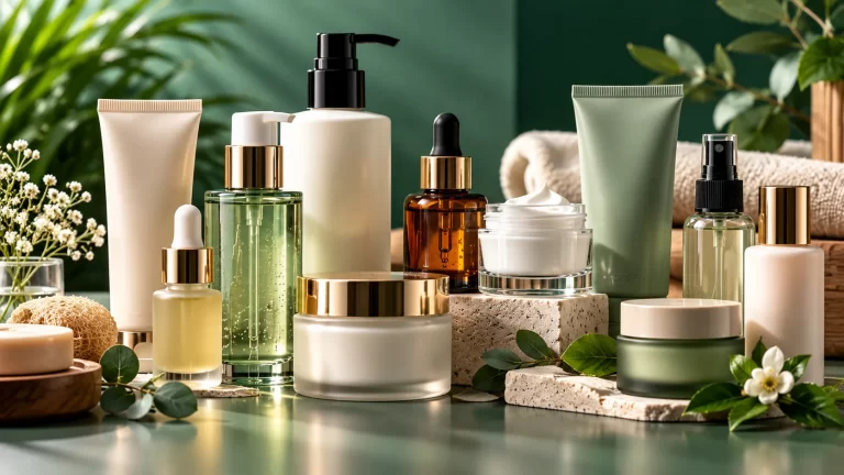 Cosmetic products including cream jars, serum and perfume bottles, tubes and pump bottles