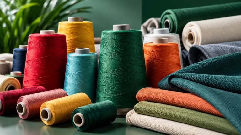 Textile products including colourful yarn cones, fabric rolls and folded fabrics
