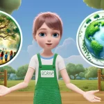Scrap önlüklü animasyon karakterin ağaç ve yeşil dünya görselleri arasında konuştuğu tanıtım videosu karesi.