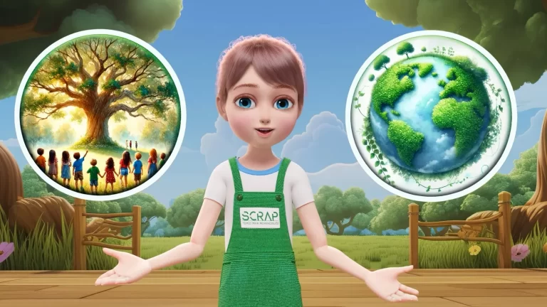 Scrap önlüklü animasyon karakterin ağaç ve yeşil dünya görselleri arasında konuştuğu tanıtım videosu karesi.