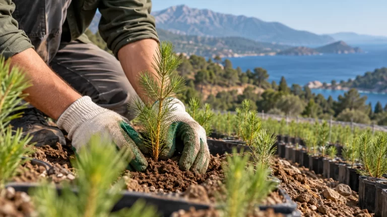 Gloved hands planting a young pine sapling. Illustrative image.