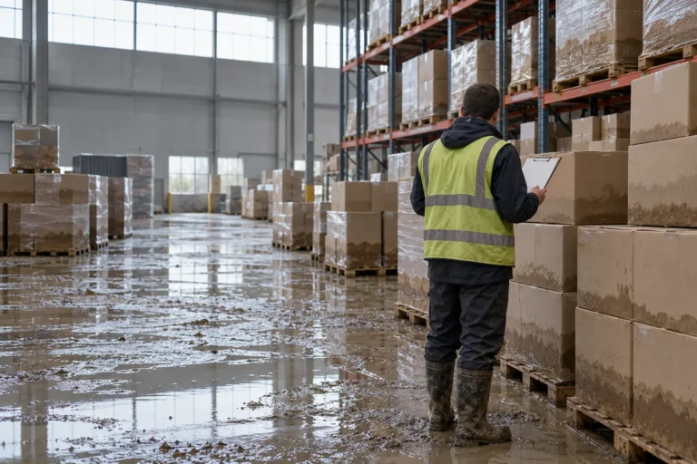 A worker in a reflective vest counts soaked cartons with a clipboard in a flooded warehouse; an illustrative image of goods lost in a flood.