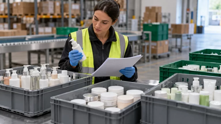 Worker checking recalled unbranded cosmetic products. Illustrative image.