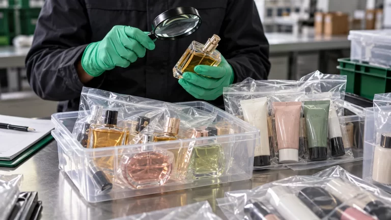 Gloved inspector examining unbranded cosmetic products with a magnifier. Illustrative image.