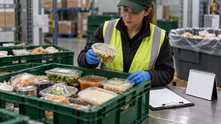 Worker documenting segregated expired food stock. Illustrative image.