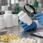 Gloved inspector examining unbranded supplement bottles with a magnifier. Illustrative image.