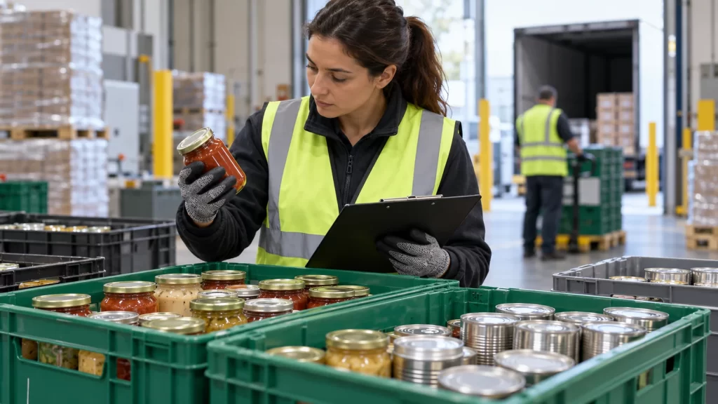 Worker inspecting recalled unbranded food products in a warehouse. Illustrative image.