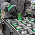 Gloved worker inspecting lithium cells in a divided protective storage case. Illustrative image.