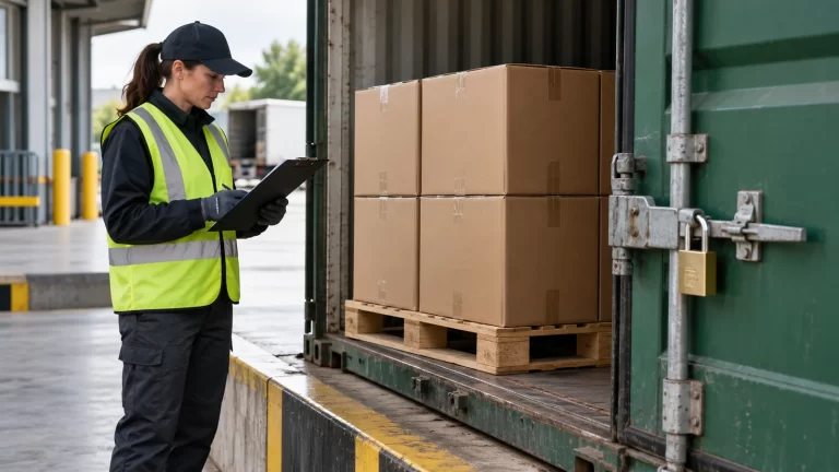 Worker documenting sealed pallets at a secure loading area. Illustrative image.