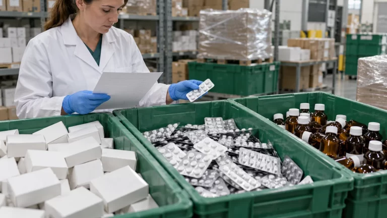 Gloved worker inspecting recalled medicine stock. Illustrative image.