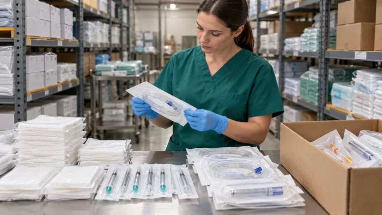 Warehouse worker inspecting sealed sterile medical supplies. Illustrative image.